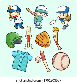 Funny and cute baseball theme doodle illustrations