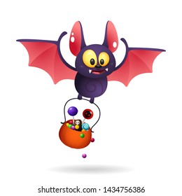 Funny cute bat carrying treats. Halloween character, animal, flight. Halloween concept. Vector illustration can be used for topics like party, holiday, spooky night