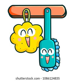 Funny and cute bathing equipment laughing happily on the wall - vector.