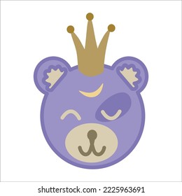 Funny cute bear head with a gold crown. Cartoon teddy bear head. Doodle illustration