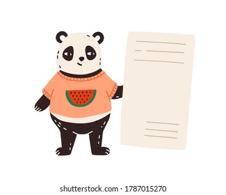 Funny cute bear panda holding empty banner, card, to do list with place for text. Childish template, announcement, agenda, note, poster. Flat vector cartoon illustration isolated on white background