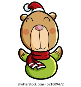 Funny and cute bear wearing green shirt and santa's hat - vector.