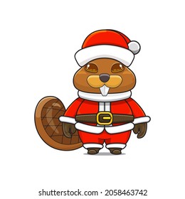 Funny and cute beaver mascot, wearing santa claus costume, cartoon animal with sparkling brown eyes, front view. kawaii styles, flats, for kids and adults, for stickers. merry christmas. 