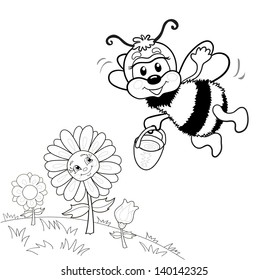 Funny cute bee collects nectar from flowers. She flies to the flowers. Flower smiles. Children's coloring books.