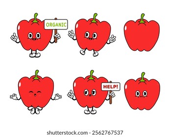 Funny cute Bell pepper characters bundle set. Vector hand drawn doodle style traditional cartoon vintage, retro character illustration design. Isolated white background. Happy Bell pepper