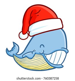 Funny and cute big whale wearing Santa's hat for Christmas and smiling - vector.