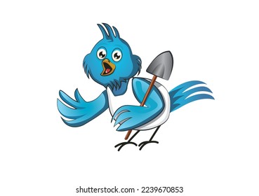 Funny and cute bird character holding a shovel
