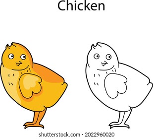 Hübsches, niedliches Vogelhähnchen einzeln auf weißem Hintergrund. Lineare, konturförmige, schwarz-weiße und farbige Version. Illustrationen können zum Färben von Büchern und Bildern für Kinder verwendet werden