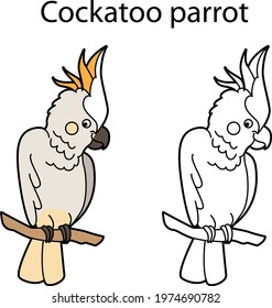 Funny cute bird cockatoo parrot isolated on white background. Linear, contour, black and white and colored version. Illustration can be used for coloring book and pictures for children