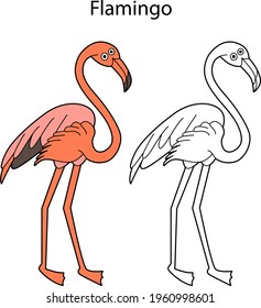 Funny cute bird flamingo isolated on white background. Linear, contour, black and white and colored version. Illustration can be used for coloring book and pictures for children