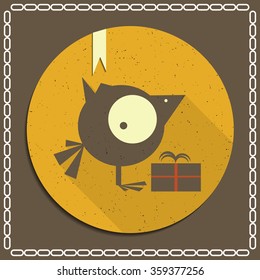Funny cute bird with gift box on grunge background. Vector illustration