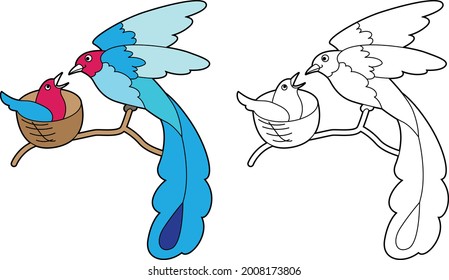 Funny cute bird 
isolated on white background. Paradise bird. Linear, contour, black and white and colored version. Illustration can be used for coloring book and pictures for children