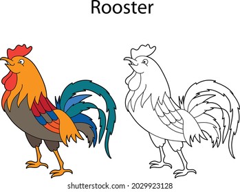 Funny cute bird rooster isolated on white background. Linear, contour, black and white and colored version. Illustration can be used for coloring book, design template and pictures for children