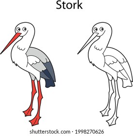 Funny cute bird stork isolated on white background. Linear, contour, black and white and colored version. Illustration can be used for coloring book and pictures for children