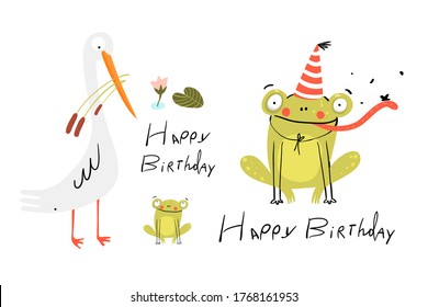 Funny cute birthday card with baby frog wearing party hat, white swamp bird and baby frog. Happy Birthday lettering hand drawn doodle design. Vector kids cartoon illustration.