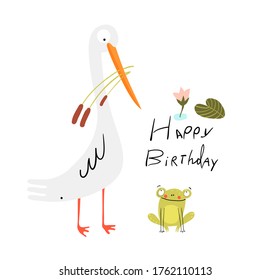 Funny cute birthday card with white swamp bird and baby frog in the lake, cute smiling animals for children. Heron holding reeds bouquet, and little frog picture. Vector doodle design.