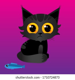 Funny and cute black cartoon cat with fish