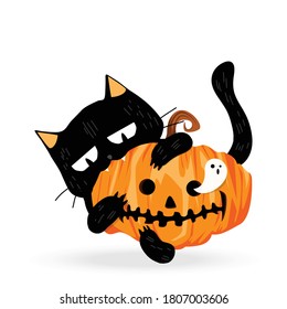 Funny cute black cat biting scary pumpkin and spooky ghost. Animal holidays cartoon character. Vector illustration of happy Halloween greeting card concept isolated on white background