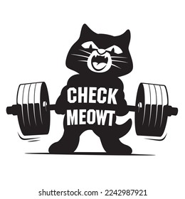 Funny cute black cat deadlifts the barbell, cartoon character with barbell, vector image