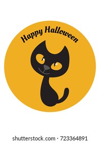 Funny and cute black cat in orange circle with inscription "Happy Halloween"