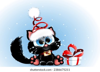 Funny cute black cat in Santa Claus hat sitting near the Christmas gift box under snowfall. 