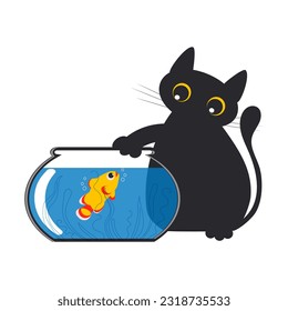 Funny cute black fat cat plays with a paw with a golden fish swimming in an aquarium isolated on a white background. Vector.