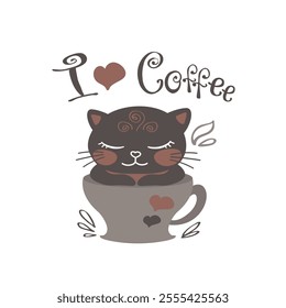 Funny cute black kitten in coffee mug, i love coffee - hand drawn lettering on white background, doodle vector illustration