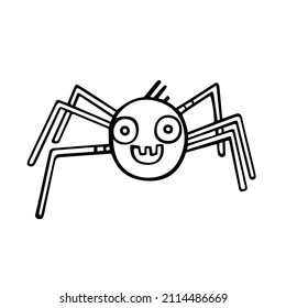Funny and cute black smiling spider. Cartoon character. Hand-drawn vector illustration of an insect in the style of a doodle. The Traditional Halloween Symbol. For Halloween cards, prints, stickers.