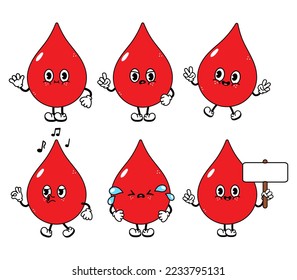 Funny cute blood drop characters bundle set. Vector hand drawn doodle style traditional cartoon vintage, retro character illustration icon design. Isolated white background. Happy blood drop
