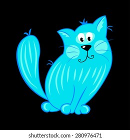 Funny cute blue cat on black background. Vector illustration