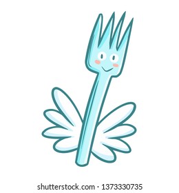 Funny and cute blue fork flying with wing