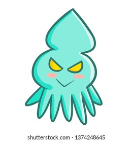Funny and cute blue green squid smiling