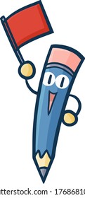 Funny and cute blue pencil character raising a flag happily