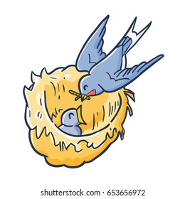 Funny and cute blue purple bird feeding on it nest - vector.