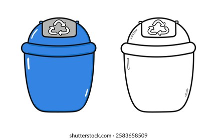 Funny cute Blue Recycling Bin characters bundle set. Vector hand drawn cartoon kawaii character illustration icon. Cute Trash Can. Outline cartoon illustration for coloring book