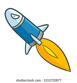Funny and cute blue rocket launching - vector