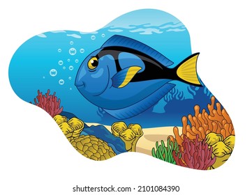 Funny Cute Blue Tang Fish Swiming in the Coral Reef
