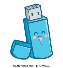 Funny and cute blue USB opened and smiling happily - vector