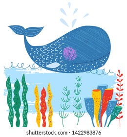 Funny cute blue whale swim in sea. Nautical vector pattern. Colorful seaweed and water plant. Hand drawn illustration for kids. Cartoon flat style. Marine background. Childish pencil drawing.