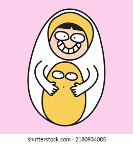 Funny But Cute Boiled Egg Woman Mascot Hugging Egg York Belly Concept Card Character illustration