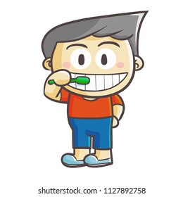 Funny and cute boy brushing teeth - vector