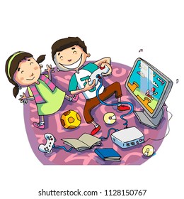 Funny and cute boy and girl playing video game together - vector.