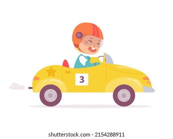 Funny cute boy in safety helmet driving speed toy yellow car and waving to fans vector illustration. Cartoon little male competitor of rally riding auto vehicle with number three isolated on white