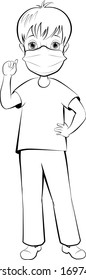 Funny cute boy wears a protective medical mask for prevents the virus. Illustration about the coronavirus Covid-19. Quarantine concept vector illustration. In cartoon style. Isolated clipart