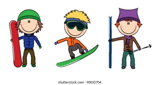 Funny cute boys with snowboard and skis