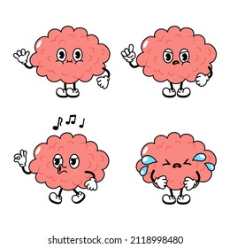 Funny cute brain characters bundle set. Vector hand drawn doodle style traditional cartoon vintage,retro character illustration icon design. Brain mascot emoji,health,adorable,kids,medicine character