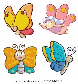 Funny and cute bright color butterfly set flying happily - vector.