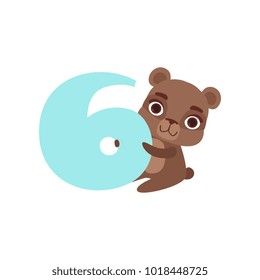 Funny cute brown bear animal and number six, birthday anniversary, learn to count concept cartoon vector Illustration