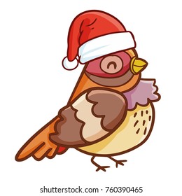 Funny and cute brown bird wearing Santa's hat for Christmas and smiling - vector.