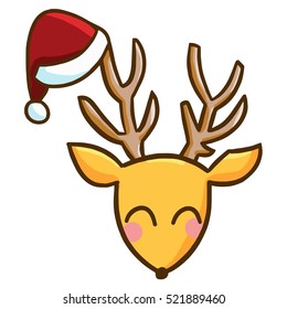 Funny & cute brown deer face with santa's hat - vector. 
